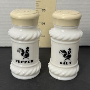 Vintage Milk Glass Rooster Salt & Pepper Shakers Twisted Rope Design MCM Kitchen